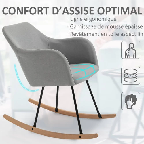 Fauteuil à bascule grand confort lin gris Homcom Fauteuils Fauteuil à Bascule Grand Confort Lin Gris -Fauteuils Shop fauteuil a bascule grand confort lin gris 3