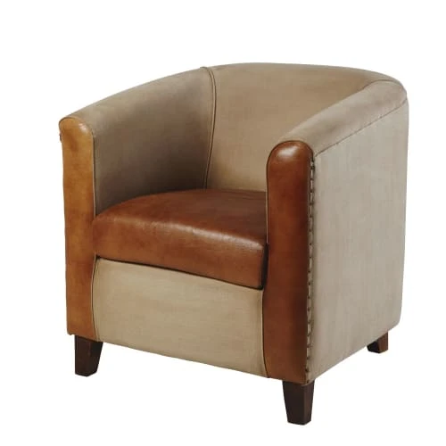 Fauteuil club en coton recyclé et cuir marron Maisons Du Monde Fauteuils Fauteuil Club En Coton Recyclé Et Cuir Marron -Fauteuils Shop fauteuil club en coton recycle et cuir marron 1000 15 7 129895 6