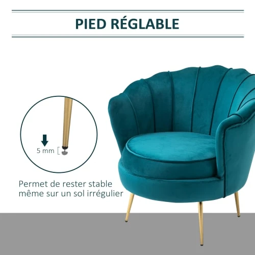 Fauteuil design coquillage pieds dorés effilés velours bleu canard Homcom Fauteuils Fauteuil Design Coquillage Pieds Dorés Effilés Velours Bleu Canard -Fauteuils Shop fauteuil design coquillage pieds dores effiles velours bleu canard 4