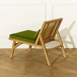 Robin Des Bois Fauteuils Fauteuil En Cannage Chêne Clair Et Velours Vert Vintage -Fauteuils Shop fauteuil en cannage chene clair et velours vert vintage 3
