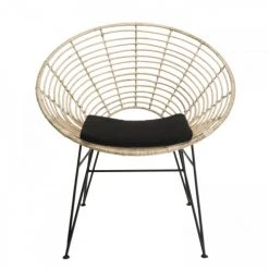 MACABANE Fauteuils Fauteuil En Rotin Naturel Coussin Noir Pieds Métal