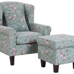 Beliani Fauteuils Fauteuil En Tissu Vert Ă Motif Floral Avec Repose-pieds
