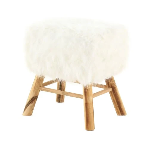 Pouf carré fourrure synthétique blanche et pin Grenier Alpin Poufs Pouf Carré Fourrure Synthétique Blanche Et Pin -Fauteuils Shop pouf carre fourrure synthetique blanche et pin 1