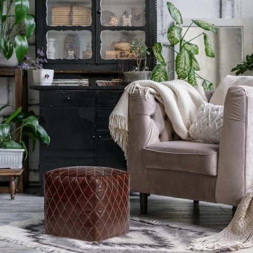 Pouf carré, marron, 40x40x40 cm, en cuir WOMO-DESIGN Poufs Pouf Carré, Marron, 40x40x40 Cm, En Cuir -Fauteuils Shop pouf carre marron 40x40x40 cm en cuir 1