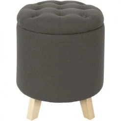 The Home Deco Factory Poufs Pouf Coffre Rond Pieds En Bois Eleonor Gris