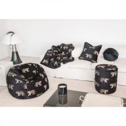 MX HOME Poufs Pouf En Velours Noir Avec Tigres Brodées -Fauteuils Shop pouf en velours noir avec tigres brodees 3