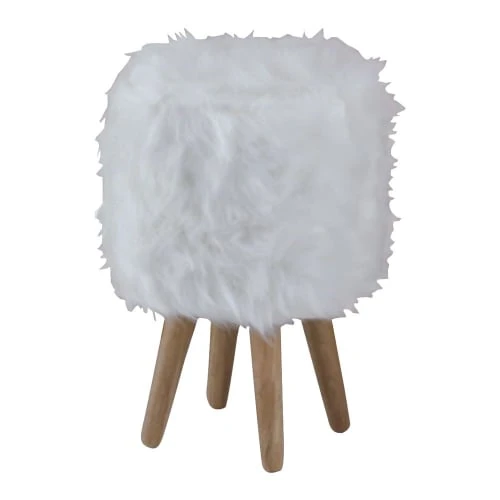 Pouf fourrure synthétique blanche et hévéa Grenier Alpin Poufs Pouf Fourrure Synthétique Blanche Et Hévéa -Fauteuils Shop pouf fourrure synthetique blanche et hevea 1