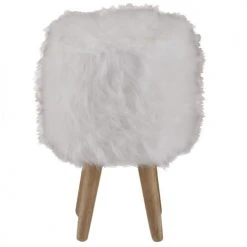 Grenier Alpin Poufs Pouf Fourrure Synthétique Blanche Et Hévéa
