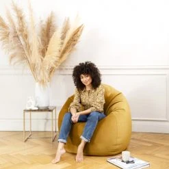 Sitting Point Poufs Pouf Poire XXL D'intérieur Aspect Velours Moutarde 80x130cm -Fauteuils Shop pouf poire xxl d interieur aspect velours moutarde 80x130cm 4