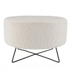 MACABANE Poufs Pouf Rond Tissu Bouclette Blanc Pieds Croisés Métal Noir -Fauteuils Shop pouf rond tissu bouclette blanc pieds croises metal noir 2