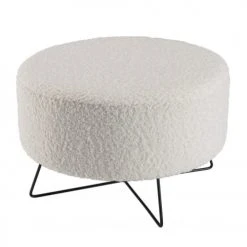 MACABANE Poufs Pouf Rond Tissu Bouclette Blanc Pieds Croisés Métal Noir