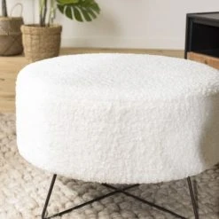 MACABANE Poufs Pouf Rond Tissu Bouclette Blanc Pieds Croisés Métal Noir -Fauteuils Shop pouf rond tissu bouclette blanc pieds croises metal noir 3