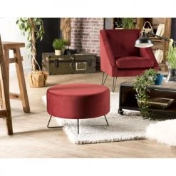 MACABANE Poufs Pouf Rond Tissu Velours Bordeaux Pieds Métal -Fauteuils Shop pouf rond tissu velours bordeaux pieds metal 5